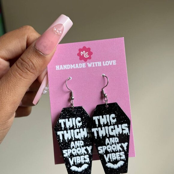 Thic Thighs & Spooky Vibes Coffin Earrings | Cute Halloween Statement Jewelry - Picture 4 of 4